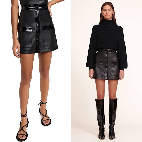 STAUD 70s Faux Leather High Waist Button Front Patent Trim Pocket Mini Skirt 6 - Picture 6 of 14